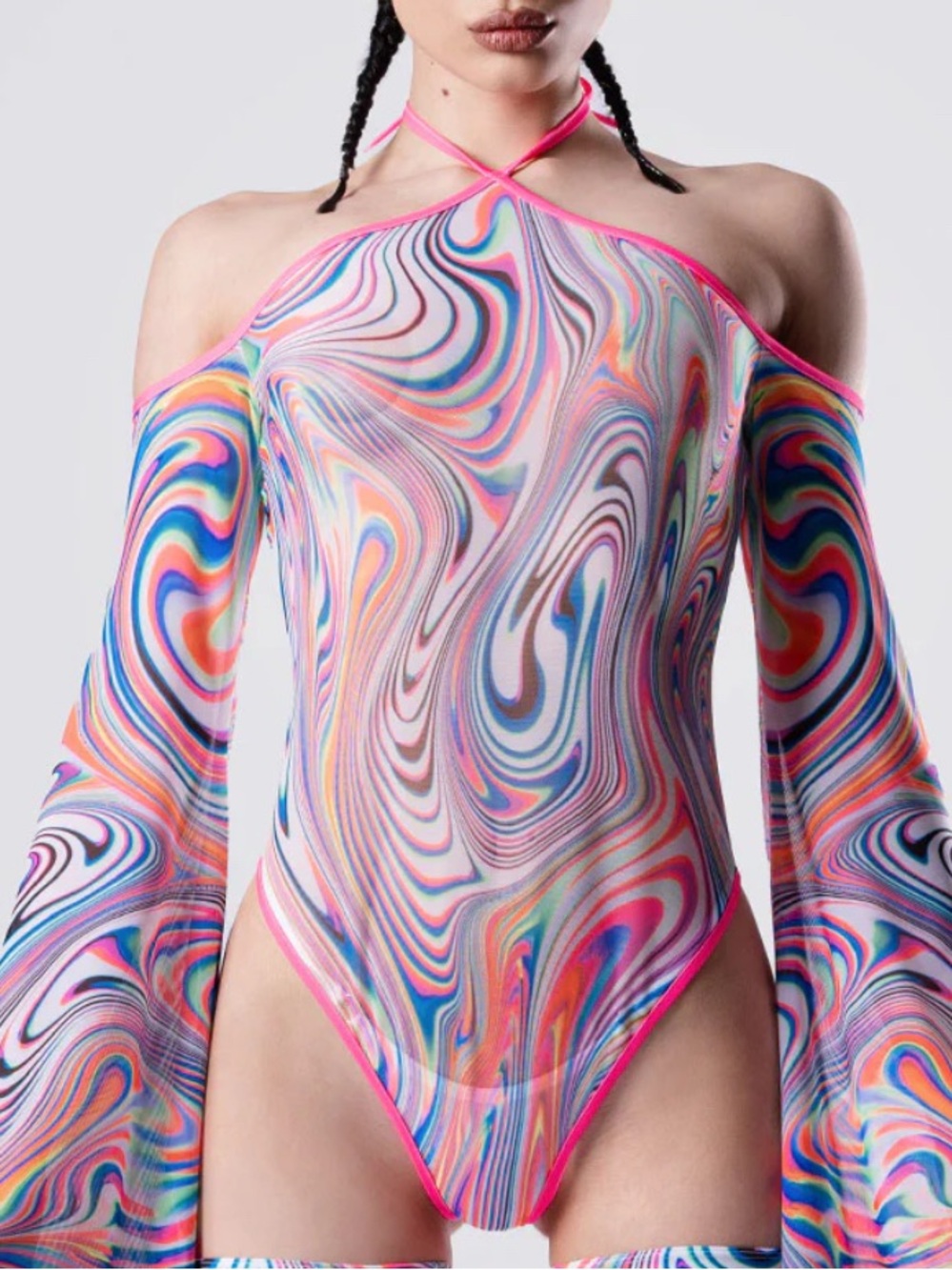Devil Walking Endless Hypnosis Sheer Bell Sleeve Bodysuit Size Medium